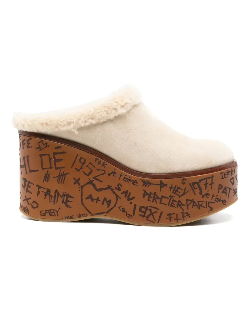 Chloé Maxime shearling-trim wedge mules - Nude Nude