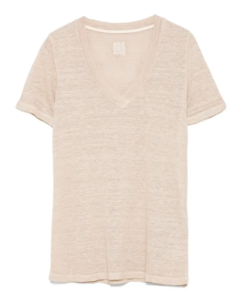 120% Lino Leinen-T-Shirt mit V-Ausschnitt - Nude Nude