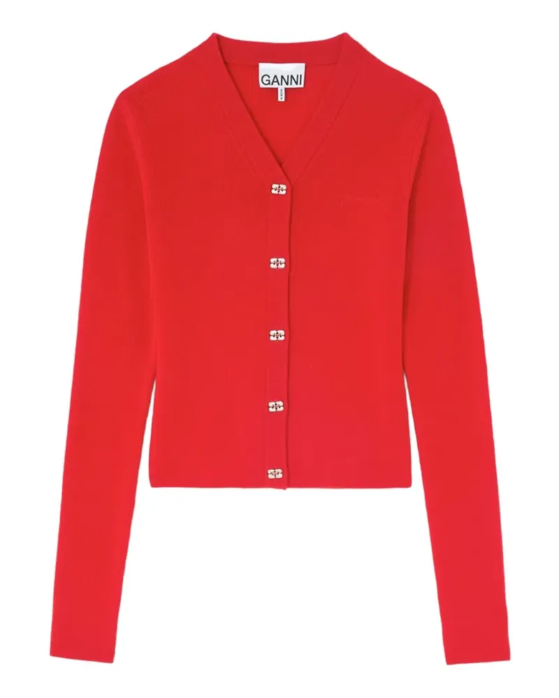Ganni logo-button V-neck cardigan - Rot Rot