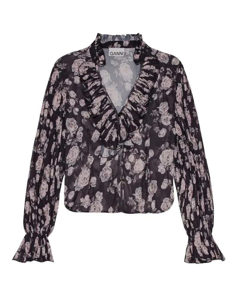 Ganni Bluse mit Blumen-Print - Schwarz Schwarz