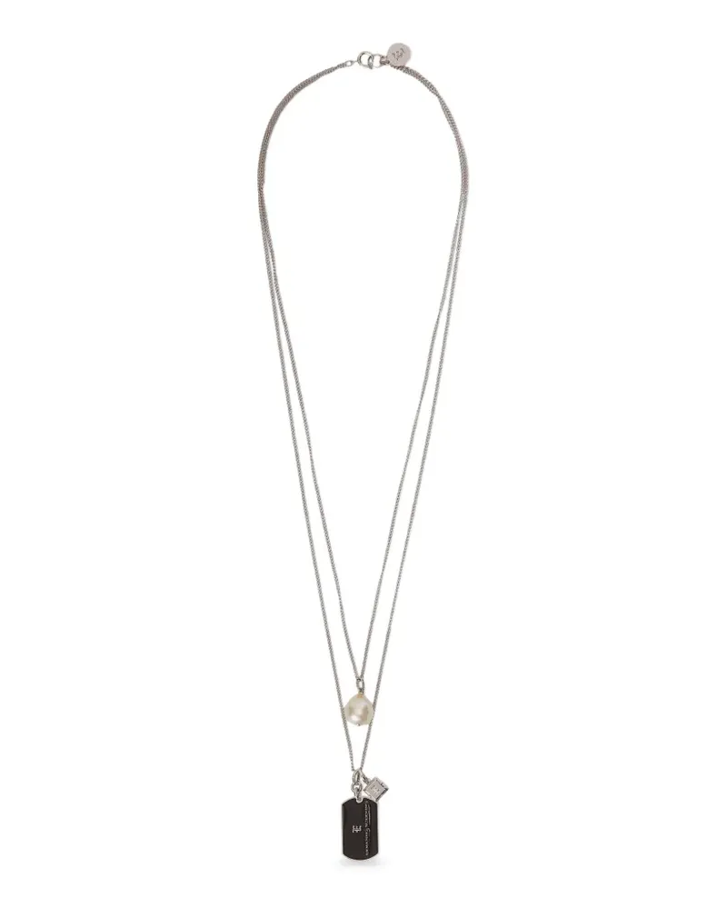 Ermanno Scervino faux-pearl dog-embellished dog tag necklace - Silber Silber