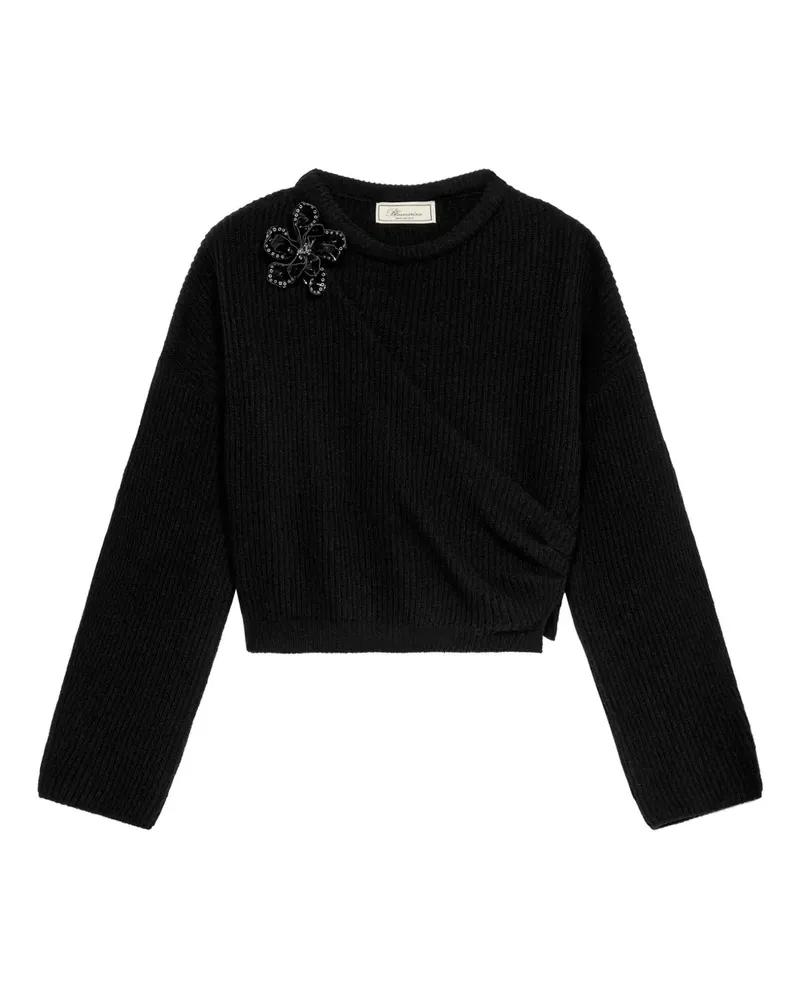 Blumarine Gerippter Strickpullover mit Blumenapplikation - Schwarz Schwarz