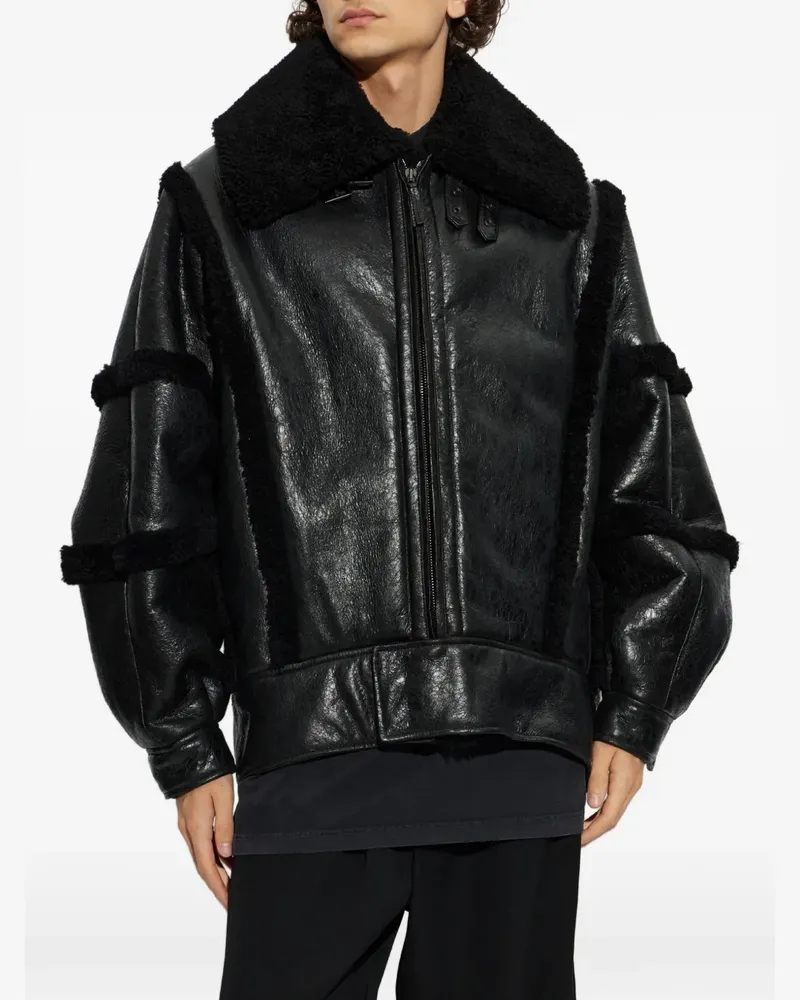 Balenciaga Lederjacke mit Stehkragen, Shearling-Details und Futter in Schwarz Schwarz