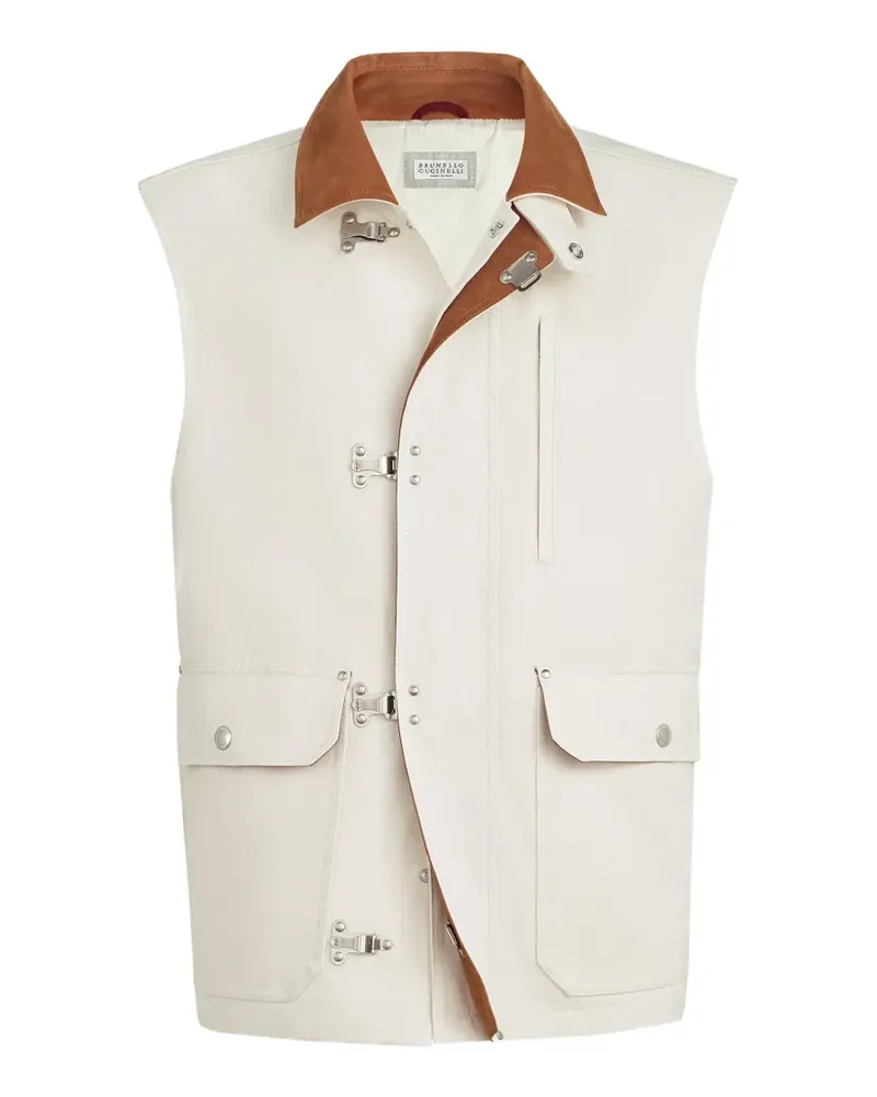 Brunello Cucinelli cotton and linen canvas vest with suede inserts and hook fastening - Weiß Weiß