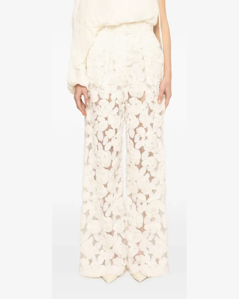 NISSA floral-embroidery wide-leg trousers - Nude Nude