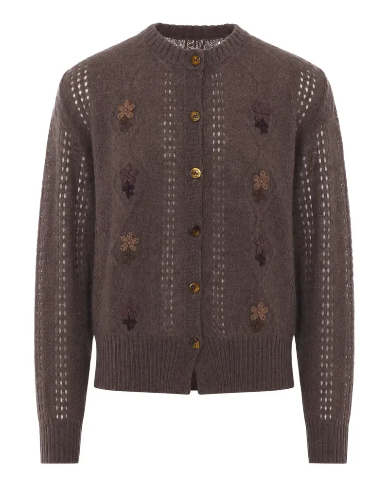 Magliano Cardigan in Lochstrick mit Blumenapplikation - Braun Braun