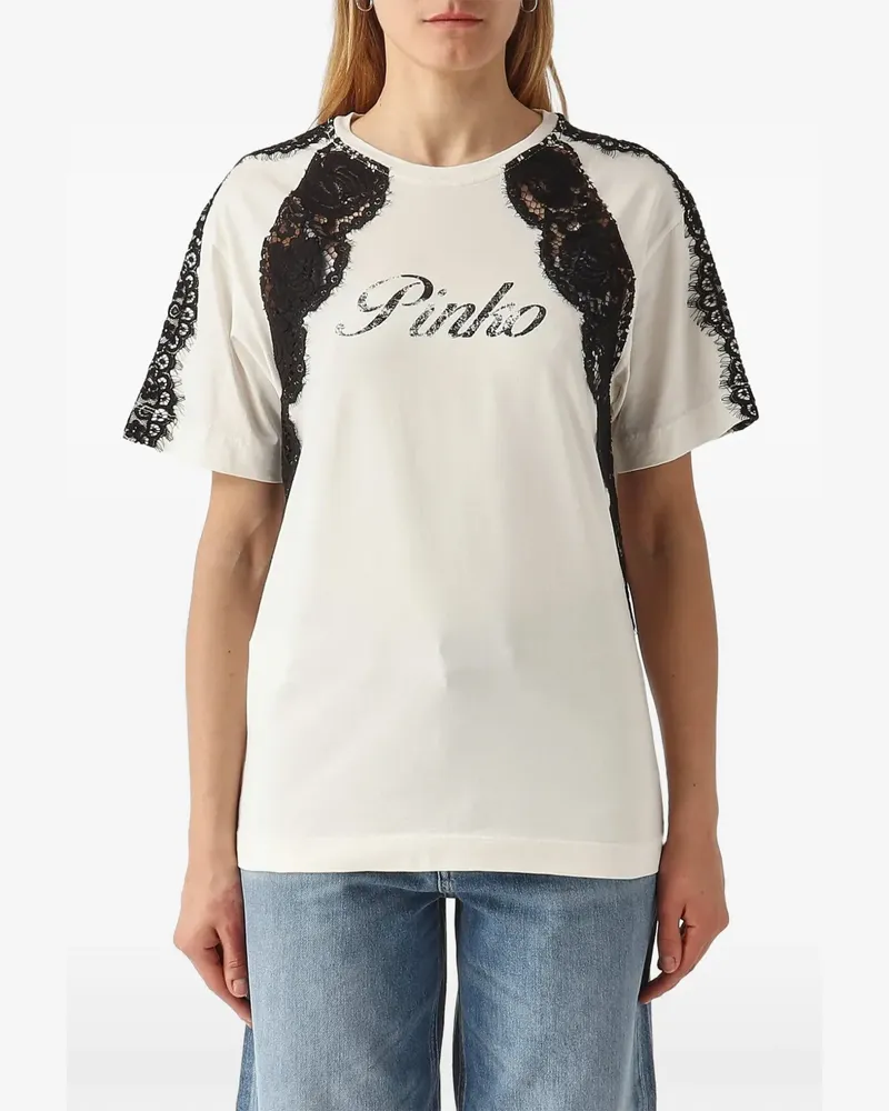 Pinko lace-trim logo-print T-shirt - Weiß Weiß