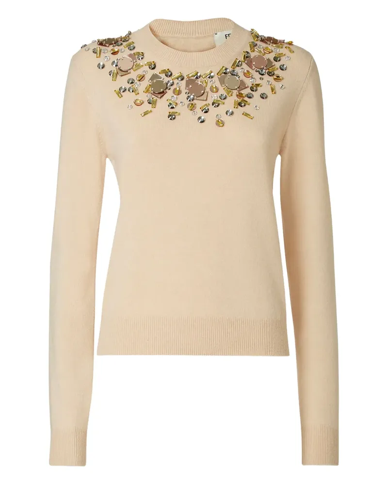 Fendi embellished-neckline crew-neck wool sweater - Nude Nude