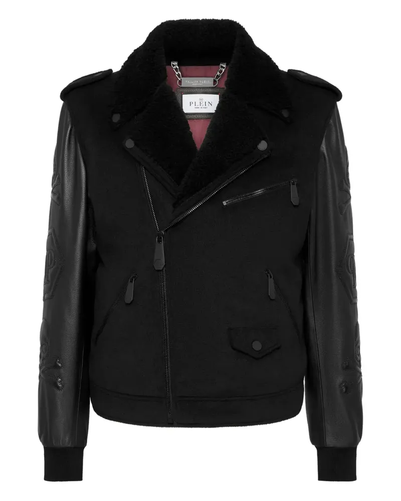 Philipp Plein Bikerjacke mit Lederärmeln und Totenkopf - Schwarz Schwarz