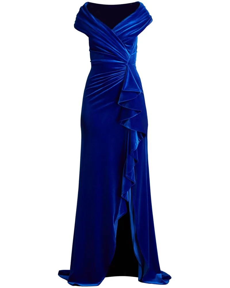 Tadashi Shoji Alvarez Waterfall Drape Abendkleid aus Samt - Blau Blau