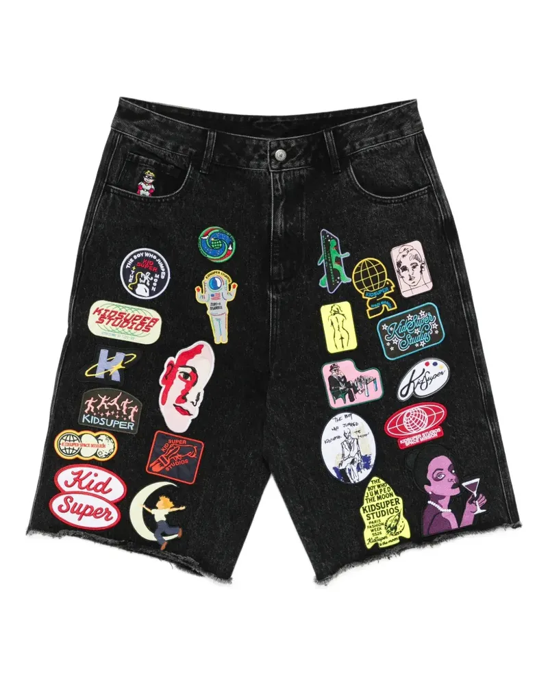KidSuper patches-appliqué denim shorts - Schwarz Schwarz