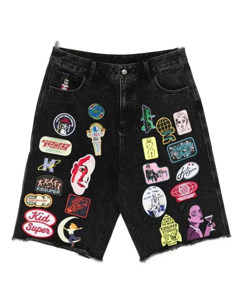 KidSuper patches-appliqué denim shorts - Schwarz Schwarz