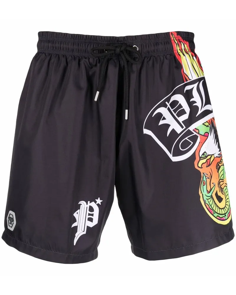 Philipp Plein Badeshorts mit Logo-Print - Schwarz Schwarz