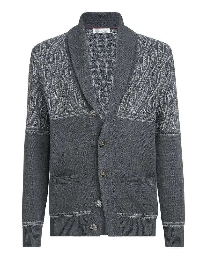Brunello Cucinelli Strickjacke aus Baumwolle mit Schalkragen und Schulterpartie im Jacquard-Zopfmuster - Grau Grau