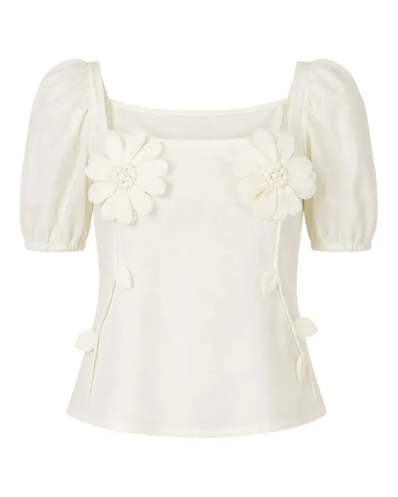 FARM Rio flower-appliqué puff-sleeve blouse - Weiß Weiß