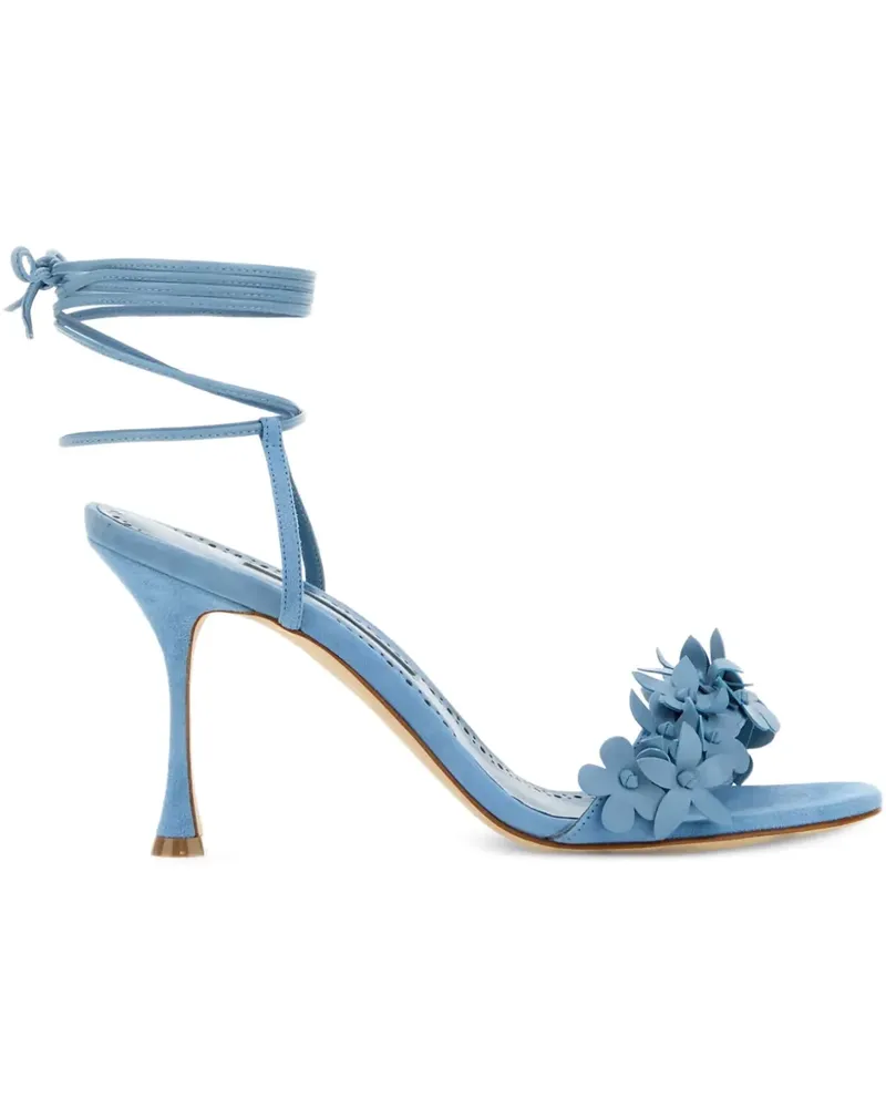 Manolo Blahnik Schnürsandalen mit Blumenverzierung 90mm - Blau Blau