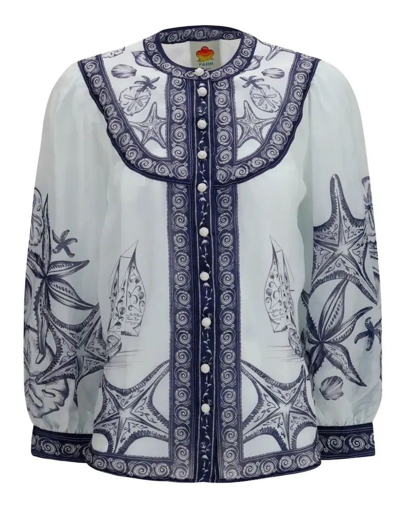 FARM Rio seaside-print ramie long-sleeve shirt - Weiß Weiß