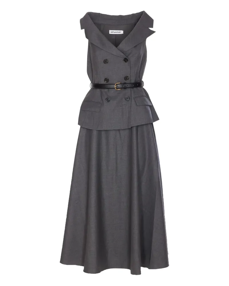 Self-Portrait Doppelreihiges Kleid mit Gürtel - Grau Grau