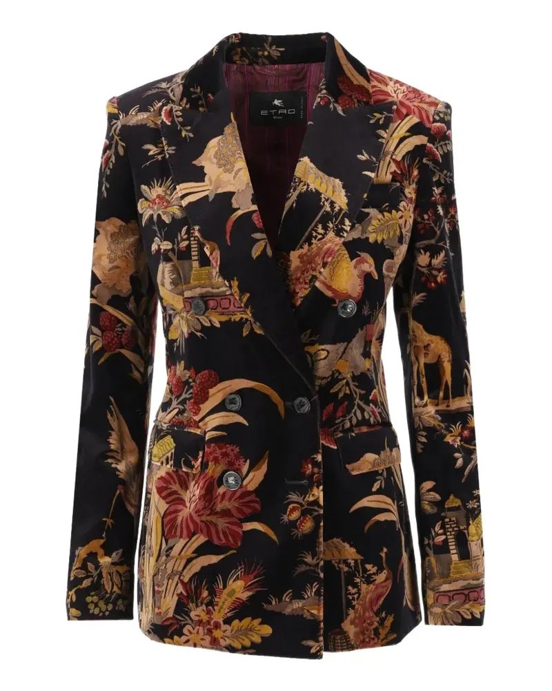 Etro Zweireihige Baumwollsamtjacke mit Blumen- und Animalprint - Schwarz Schwarz