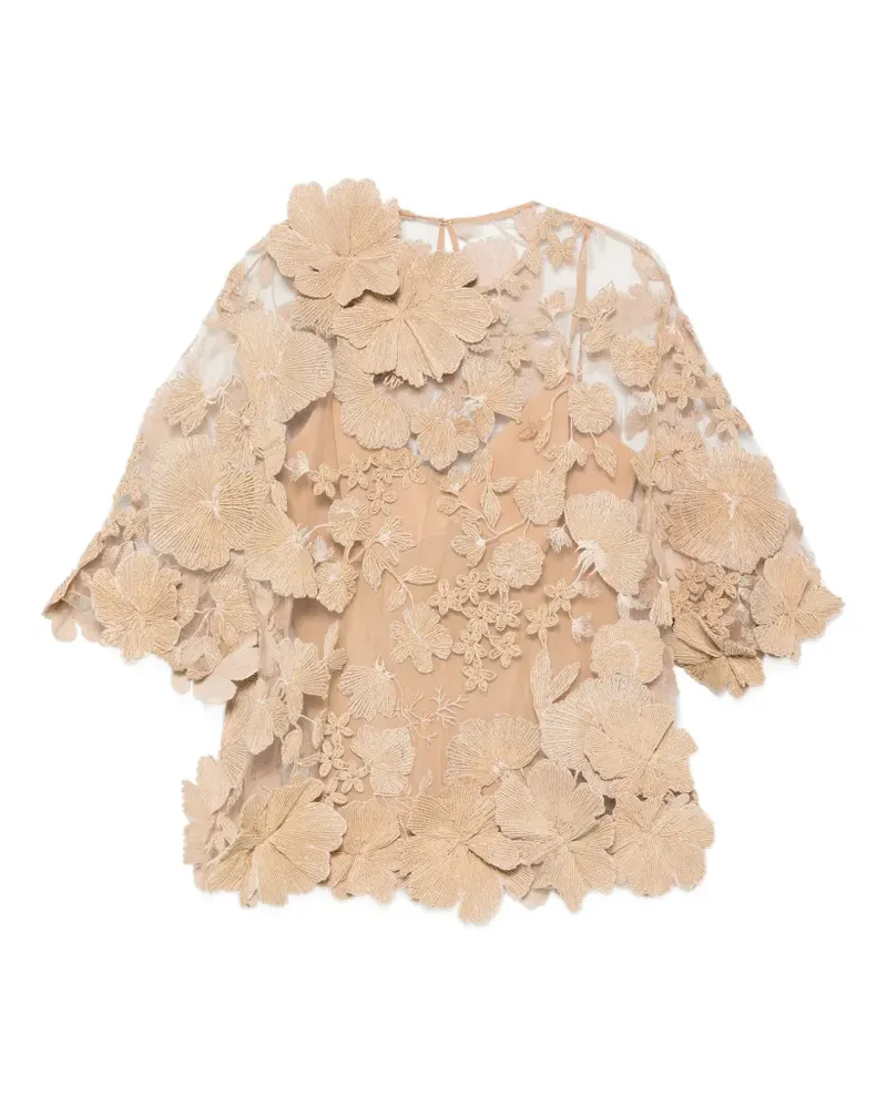 Elie Saab Mesh-Top mit Blumenapplikation - Nude Nude