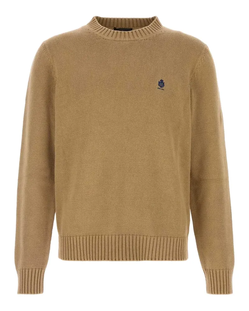 Prada logo-embroidered ribbed-trim cotton sweater - Nude Nude