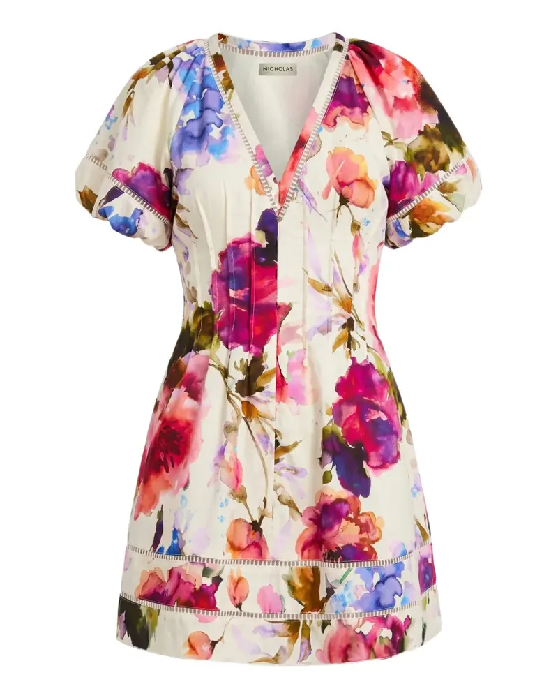 NICHOLAS Annika SS lattice-trim floral-print mini dress - Nude Nude