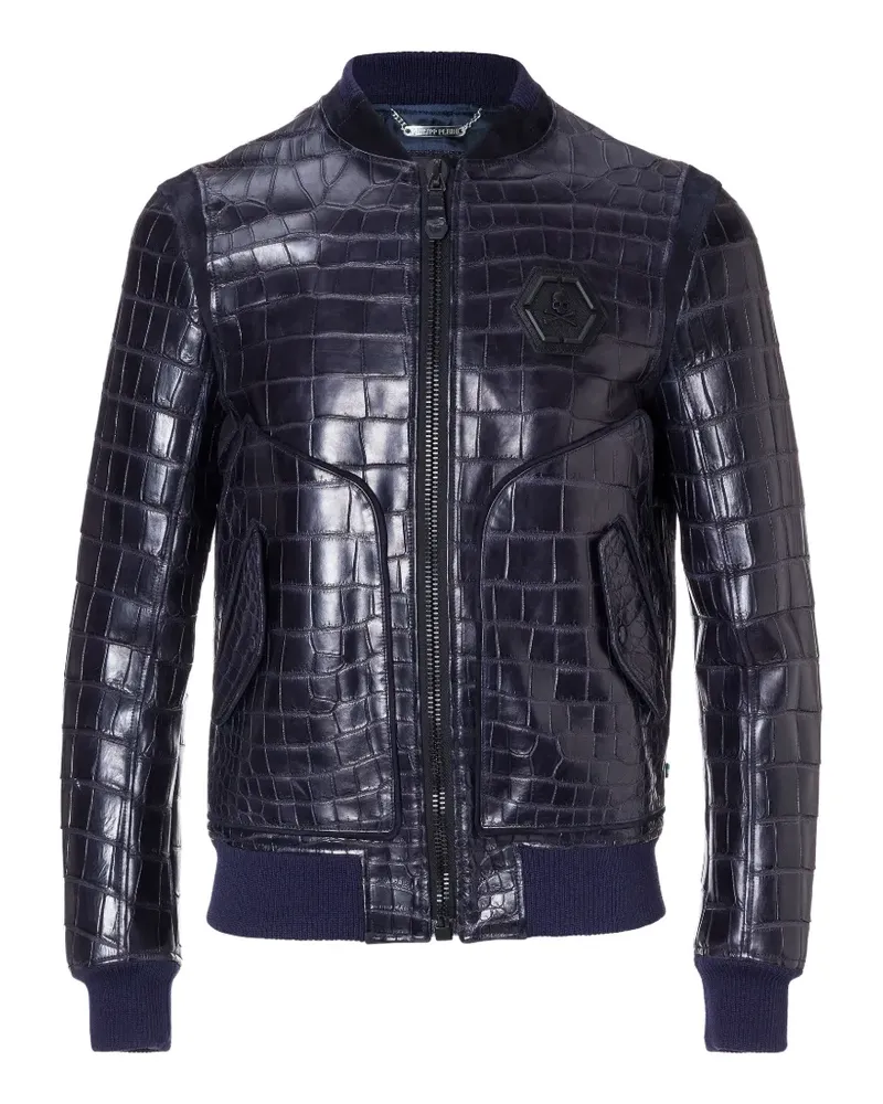 Philipp Plein Lederjacke aus Krokodilleder mit Tigergesicht - Blau Blau