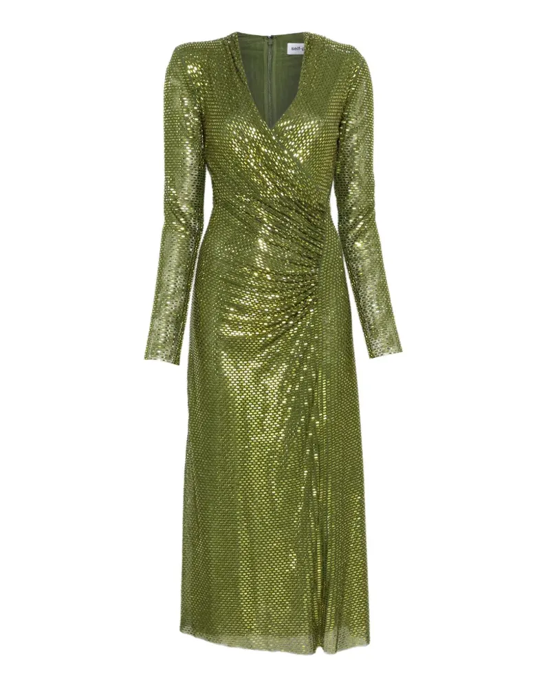 Self-Portrait Gerafftes Midikleid mit Strass - Grün Grün