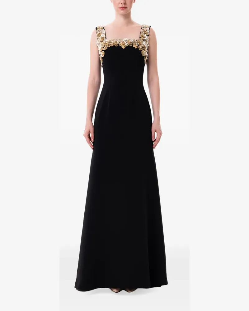 Dina Melwani floral-appliqué square-neck maxi dress - Schwarz Schwarz
