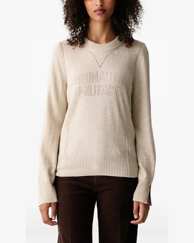 Aeronautica Militare logo-perforated crew neck sweater - Nude Nude