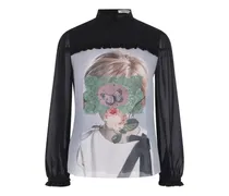 Rüschenbluse mit grafischem Print - Schwarz