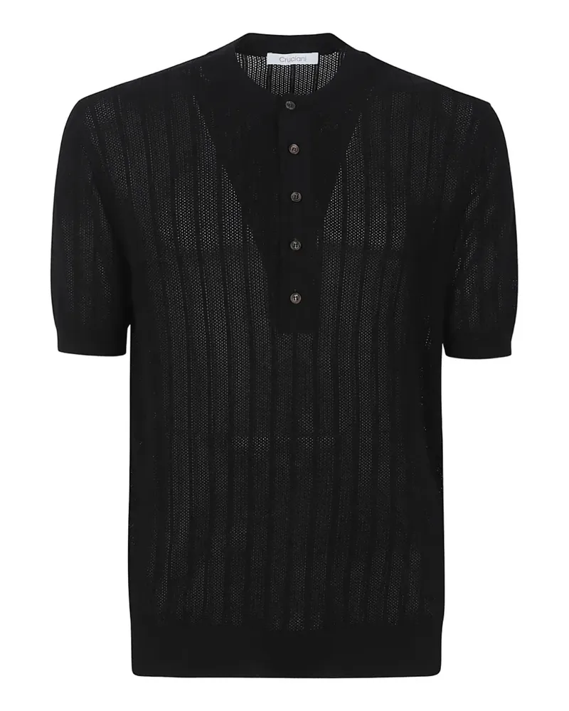 Cruciani pointelle-knit buttoned short-sleeve sweater - Schwarz Schwarz