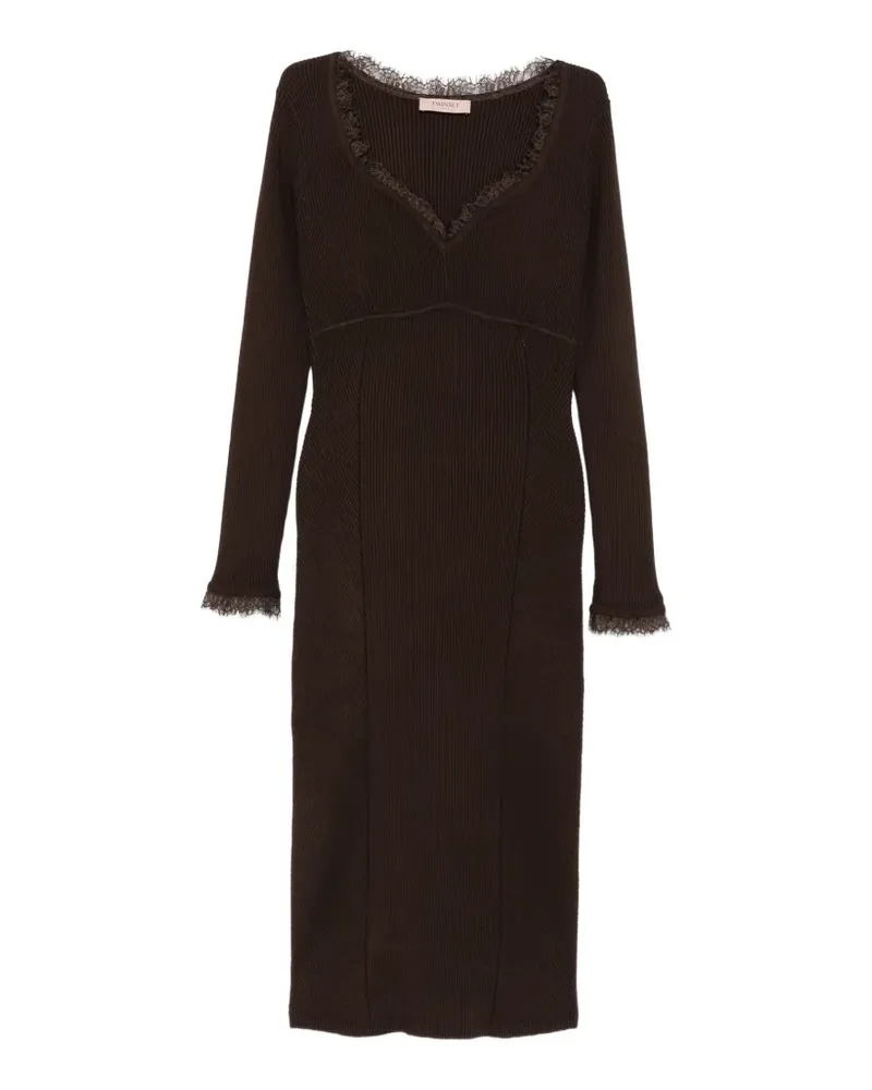 Twin-Set Geripptes Strick-Minikleid mit Spitzenbesatz - Braun Braun