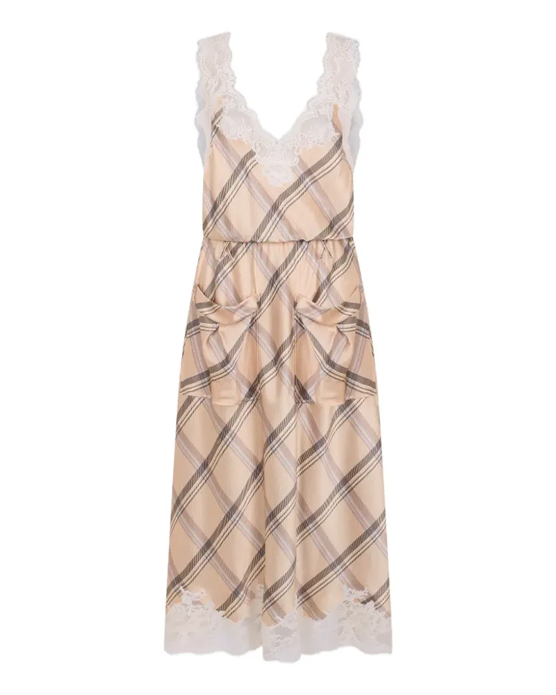 Paco Rabanne Midikleid aus Seidensatin mit Schottenkaro und Spitzendetail - Nude Nude