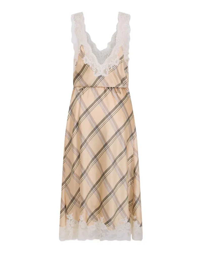 Paco Rabanne midi dress in beige tartan print silk satin with lace detailing - Nude Nude