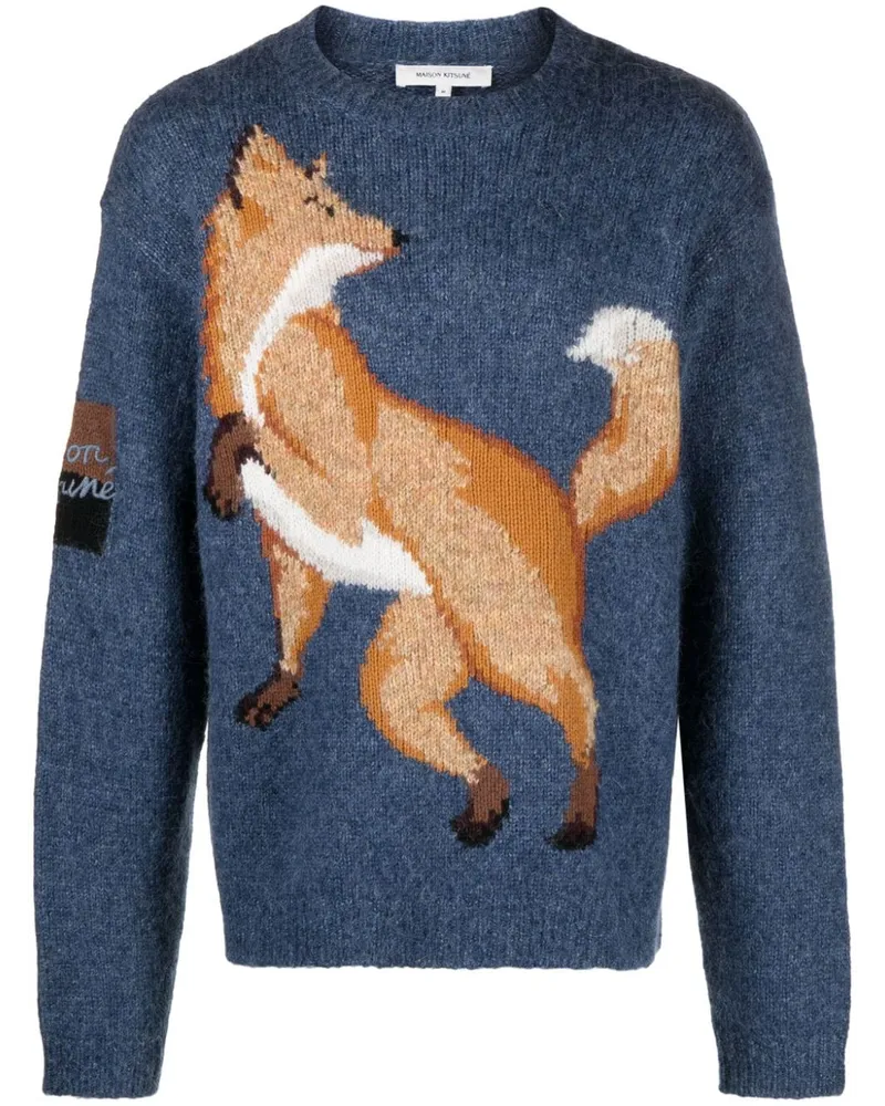 Kitsuné Bestickter Pullover mit Fuchs-Intarsie Blue