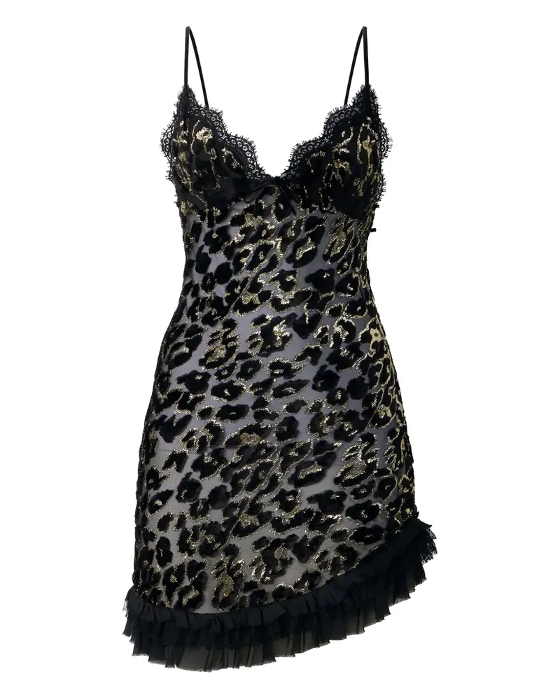 Roberto Cavalli Leoparden-Minikleid mit Spitzenbesatz - Schwarz Schwarz