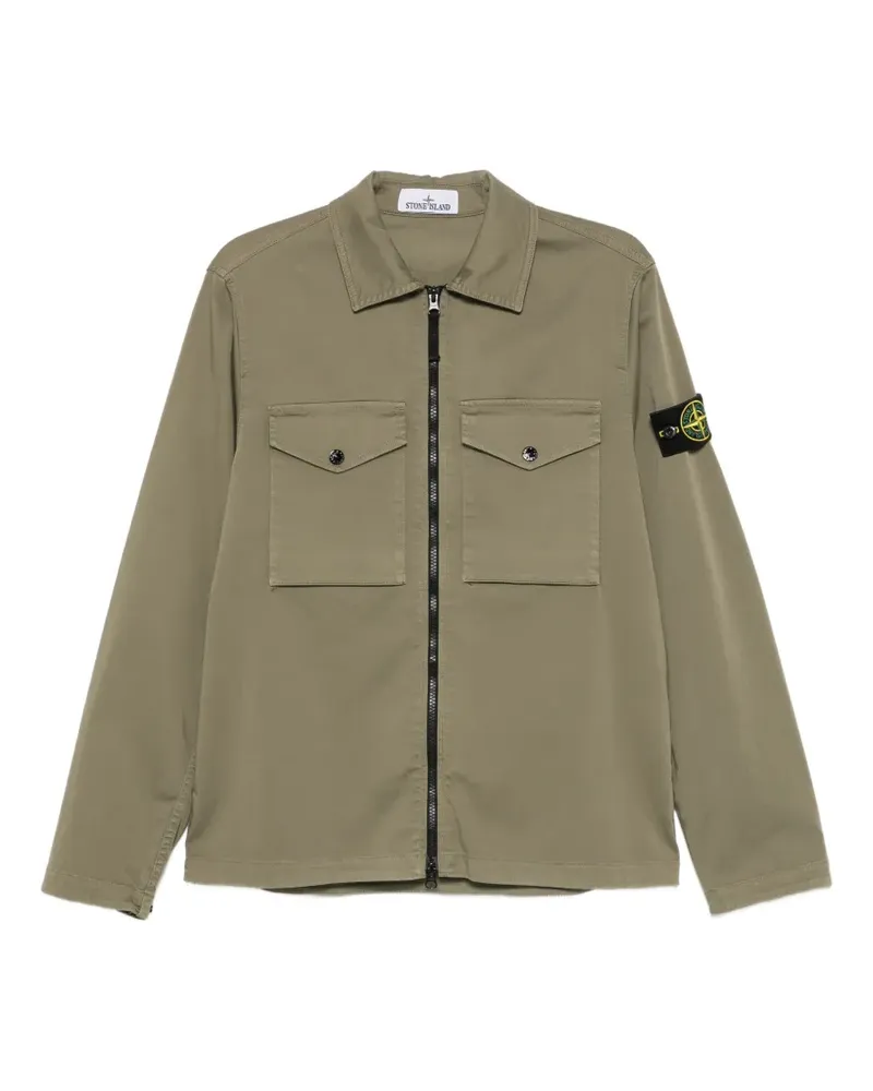 Stone Island logo-patch zip-up cotton shirt - Grün Grün