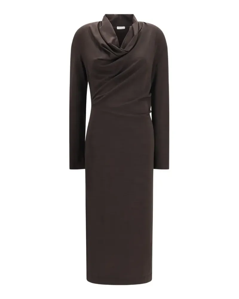 Brunello Cucinelli Jerseykleid aus Techno-Wolle mit Drapierung und Monili - Braun Braun