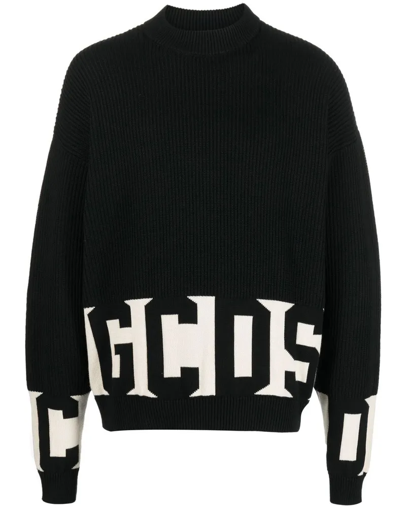 GCDS Gerippter Pullover mit Logo-Print Schwarz