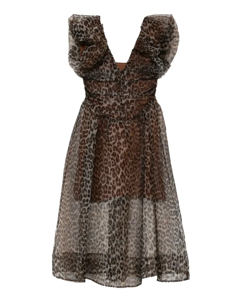 Ganni Gerüschtes Midikleid mit Animal-Print - Braun Braun
