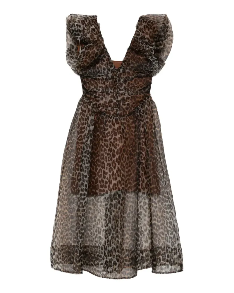 Ganni ruffled animal-print midi dress - Braun Braun
