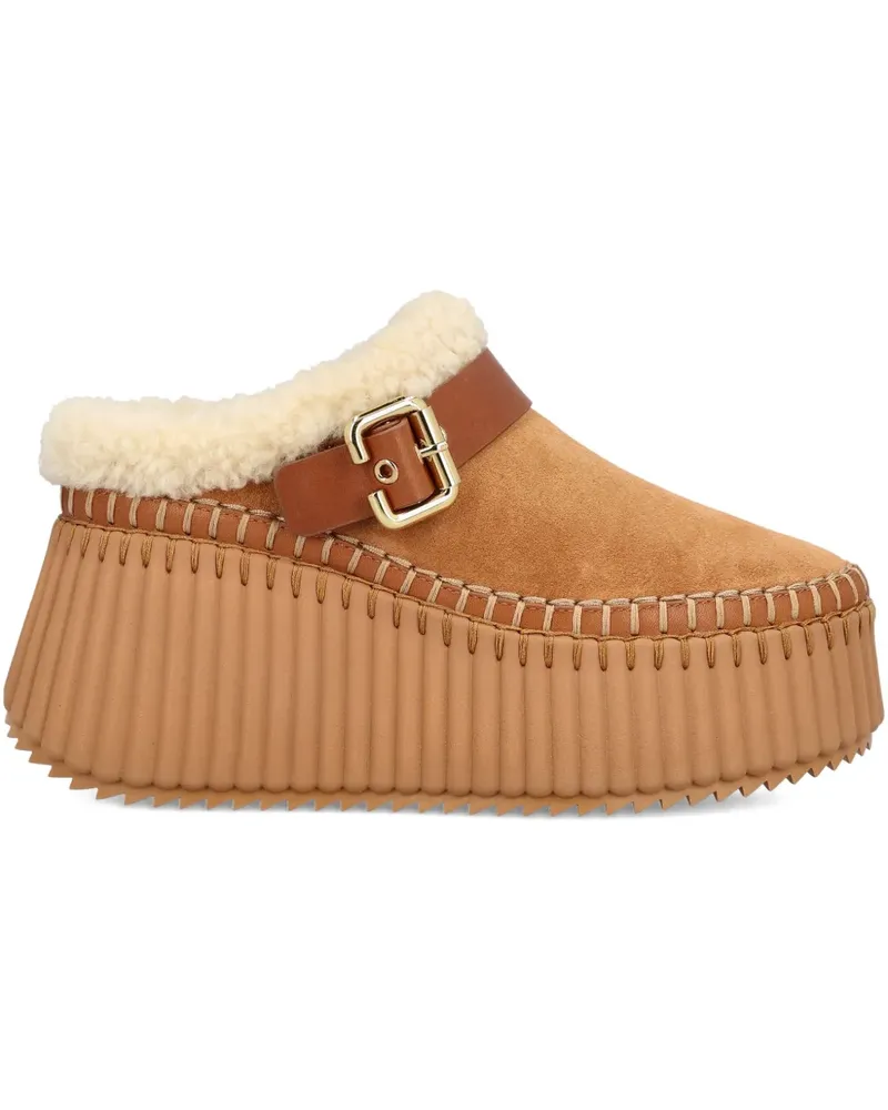 Chloé Nama wedge shearling buckle mules - Braun Braun