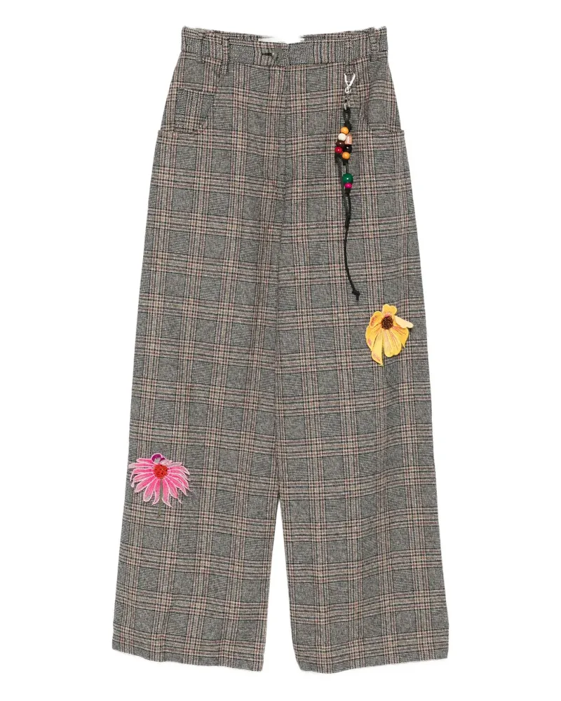 Song For The Mute floral-appliqué checked trousers - Braun Braun