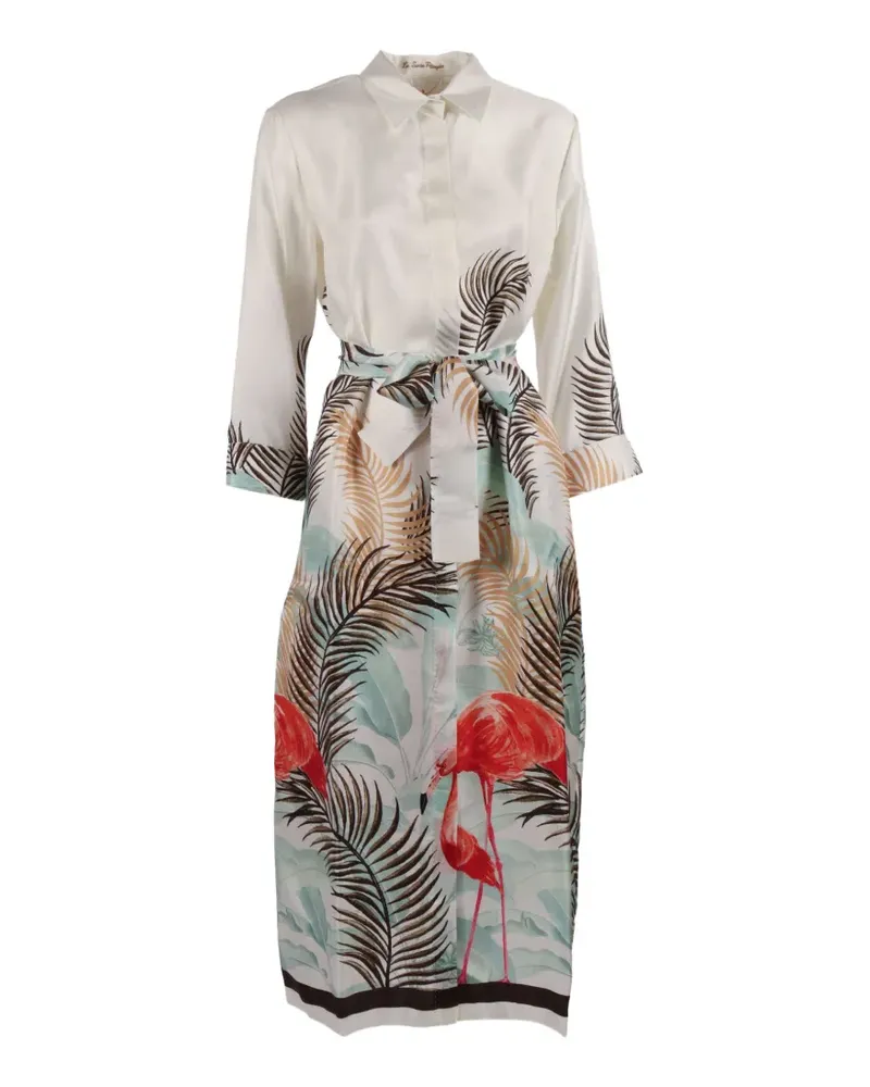 LE3 Sarte Pettegole flamingo-print belted shirt dress - Weiß Weiß
