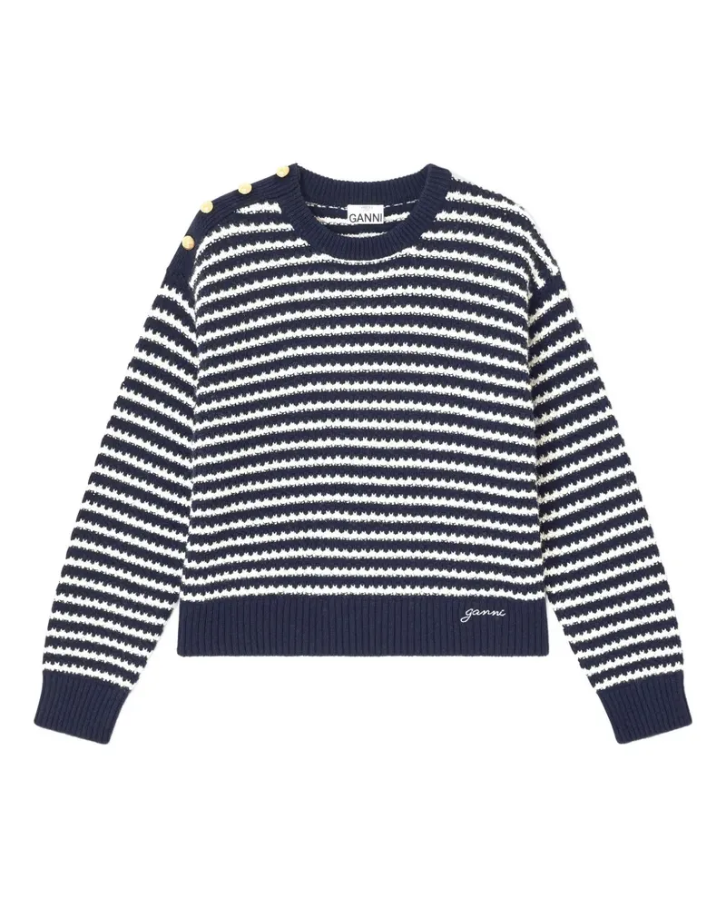 Ganni Gestreifter Pullover mit Knopfdetail - Blau Blau
