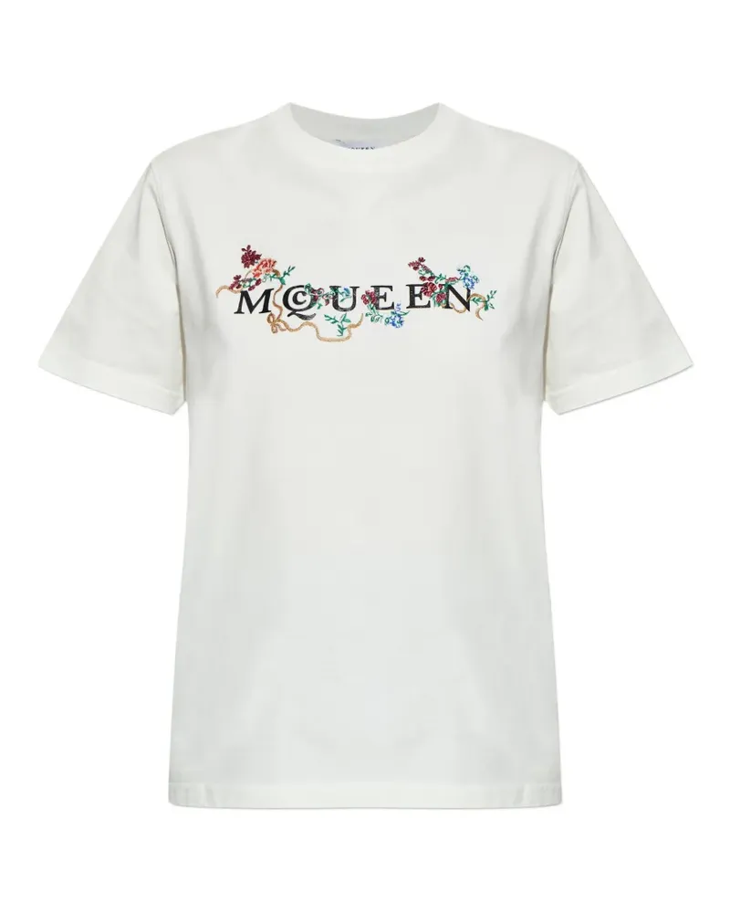 Alexander McQueen floral-embroidered logo T-shirt - Weiß Weiß