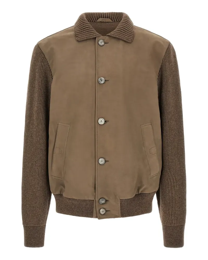 Brioni suede-panel ribbed-knit jacket - Braun Braun