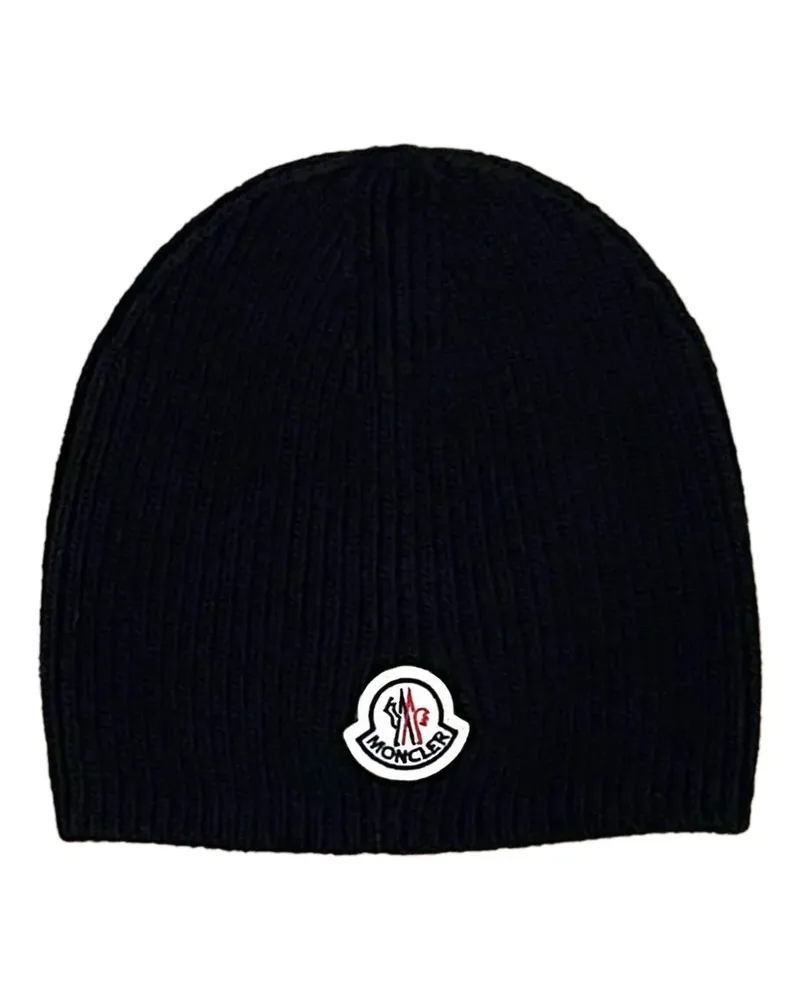 Moncler Gerippte Beanie mit Logo-Patch - Schwarz Schwarz