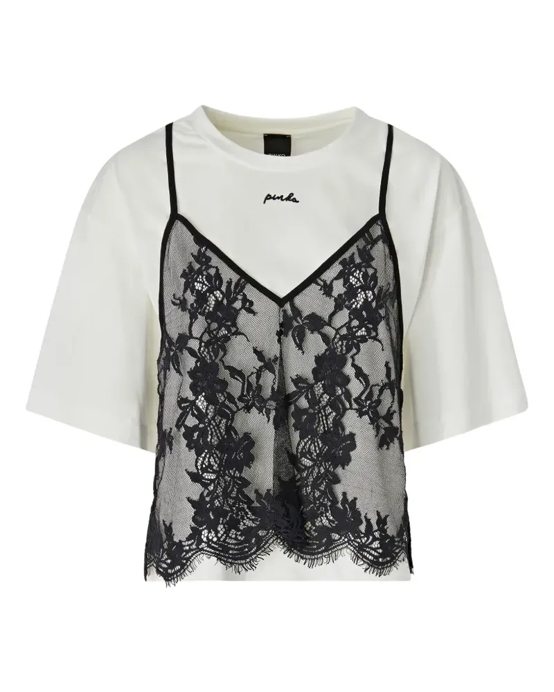 Pinko Besticktes T-Shirt mit Spitzen-Overlay - Weiß Weiß